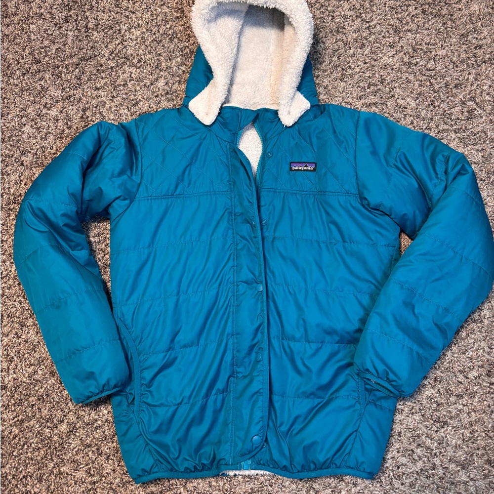 Patagonia Reversible Dream Song Jacket  Snakebite  Blue Fleece Girls Size XL 14
